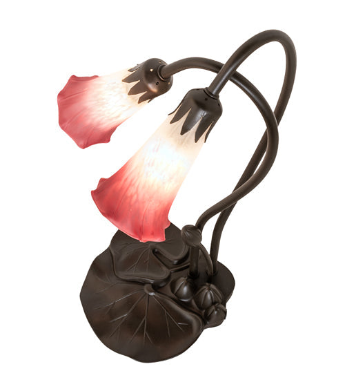 Meyda Lighting Tiffany Pond Lily 16" 2-Light Mahogany Bronze Accent Table Lamp With Pink & White Frosted Shade Glass