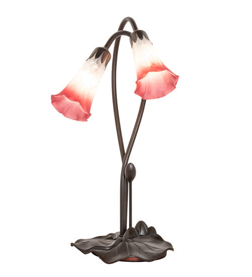 Meyda Lighting Tiffany Pond Lily 16" 2-Light Mahogany Bronze Accent Table Lamp With Pink & White Frosted Shade Glass