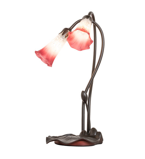 Meyda Lighting Tiffany Pond Lily 16" 2-Light Mahogany Bronze Accent Table Lamp With Pink & White Frosted Shade Glass