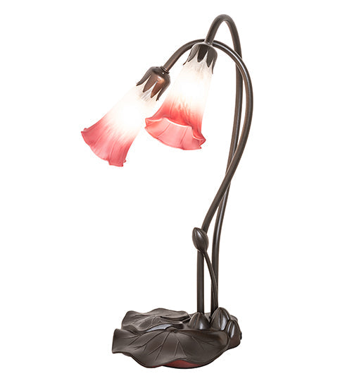 Meyda Lighting Tiffany Pond Lily 16" 2-Light Mahogany Bronze Accent Table Lamp With Pink & White Frosted Shade Glass