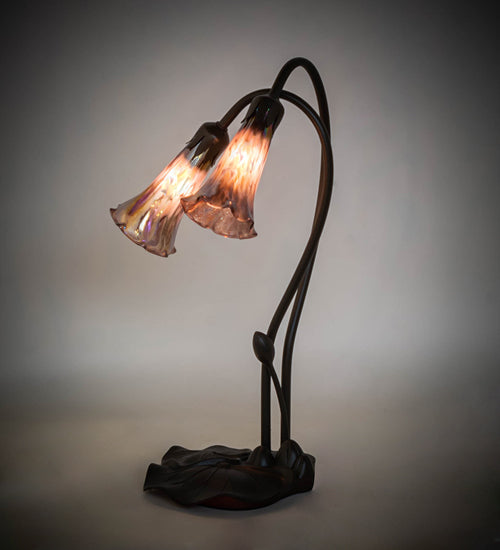 Meyda Lighting Tiffany Pond Lily 16" 2-Light Mahogany Bronze Accent Table Lamp With Purple Iridescent Shade Glass