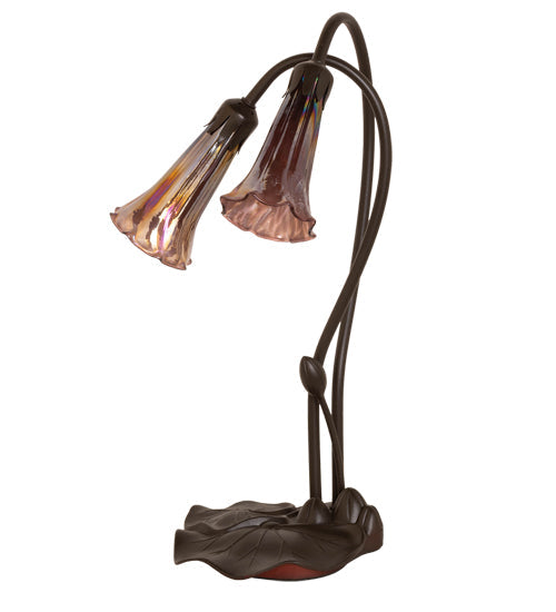 Meyda Lighting Tiffany Pond Lily 16" 2-Light Mahogany Bronze Accent Table Lamp With Purple Iridescent Shade Glass