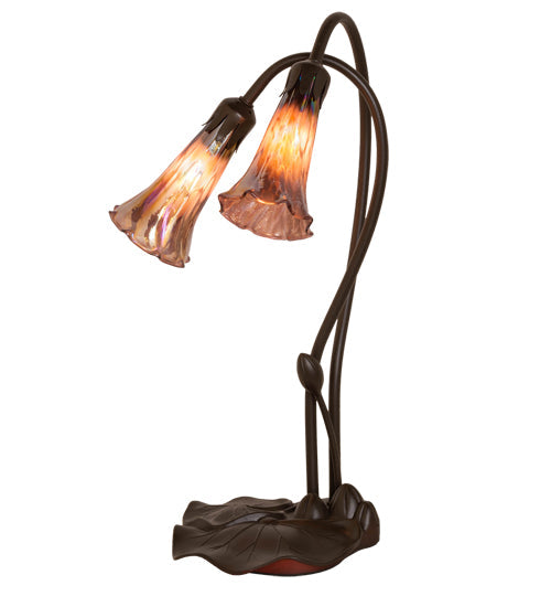 Meyda Lighting Tiffany Pond Lily 16" 2-Light Mahogany Bronze Accent Table Lamp With Purple Iridescent Shade Glass
