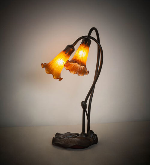 Meyda Lighting Tiffany Pond Lily 16" 2-Light Mahogany Bronze Table Lamp With Amber Shade Glass