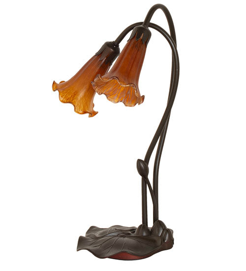 Meyda Lighting Tiffany Pond Lily 16" 2-Light Mahogany Bronze Table Lamp With Amber Shade Glass