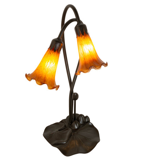 Meyda Lighting Tiffany Pond Lily 16" 2-Light Mahogany Bronze Table Lamp With Amber Shade Glass