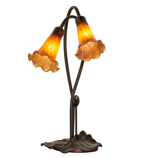 Meyda Lighting Tiffany Pond Lily 16" 2-Light Mahogany Bronze Table Lamp With Amber Shade Glass