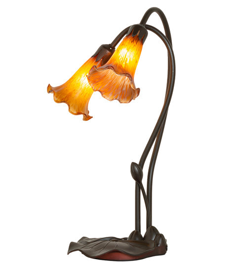Meyda Lighting Tiffany Pond Lily 16" 2-Light Mahogany Bronze Table Lamp With Amber Shade Glass