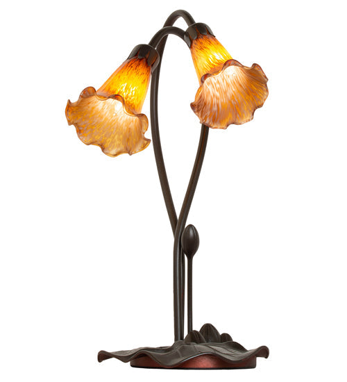 Meyda Lighting Tiffany Pond Lily 16" 2-Light Mahogany Bronze Table Lamp With Amber Shade Glass