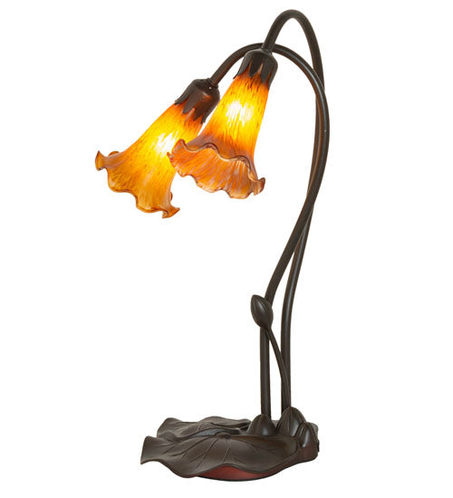 Meyda Lighting Tiffany Pond Lily 16" 2-Light Mahogany Bronze Table Lamp With Amber Shade Glass