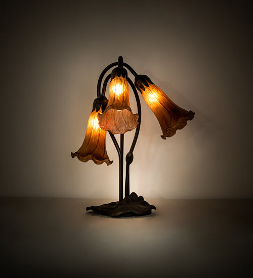 Meyda Lighting Tiffany Pond Lily 16" 3-Light Cast Metal Mahogany Bronze Accent Table Lamp With Amber Shade Glass