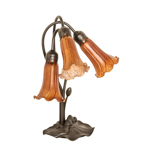 Meyda Lighting Tiffany Pond Lily 16" 3-Light Cast Metal Mahogany Bronze Accent Table Lamp With Amber Shade Glass