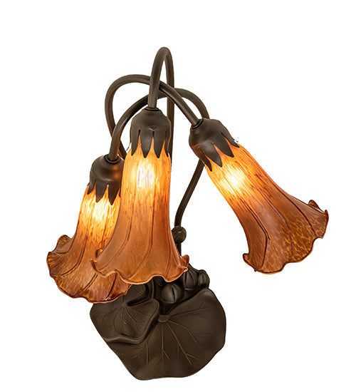 Meyda Lighting Tiffany Pond Lily 16" 3-Light Cast Metal Mahogany Bronze Accent Table Lamp With Amber Shade Glass