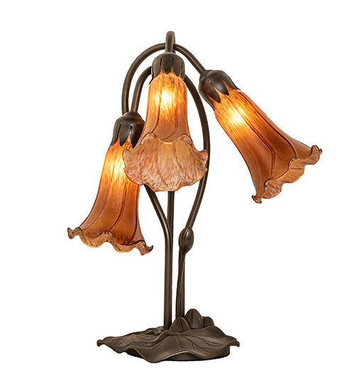 Meyda Lighting Tiffany Pond Lily 16" 3-Light Cast Metal Mahogany Bronze Accent Table Lamp With Amber Shade Glass