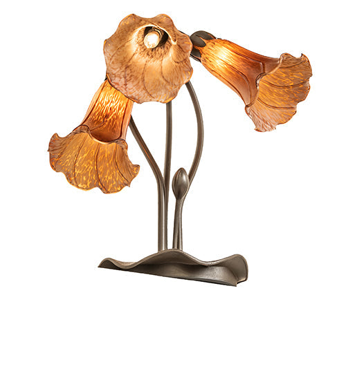 Meyda Lighting Tiffany Pond Lily 16" 3-Light Cast Metal Mahogany Bronze Accent Table Lamp With Amber Shade Glass