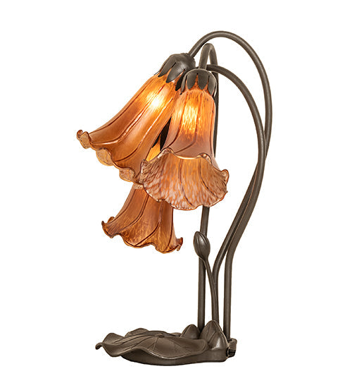 Meyda Lighting Tiffany Pond Lily 16" 3-Light Cast Metal Mahogany Bronze Accent Table Lamp With Amber Shade Glass