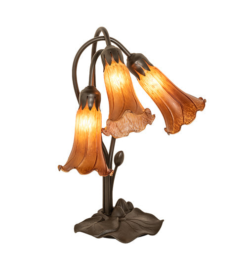 Meyda Lighting Tiffany Pond Lily 16" 3-Light Cast Metal Mahogany Bronze Accent Table Lamp With Amber Shade Glass
