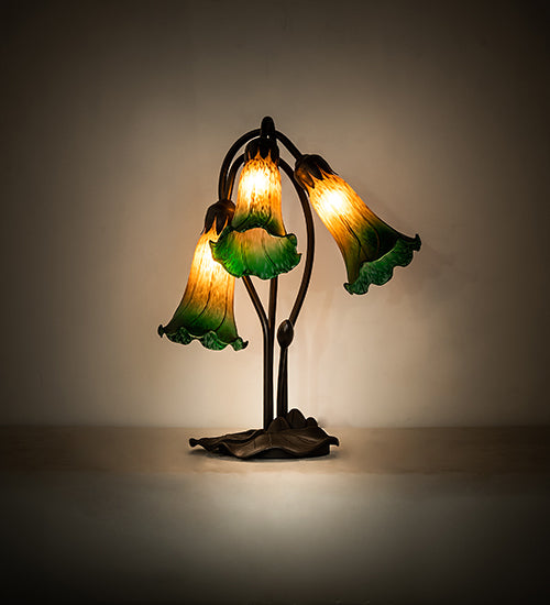 Meyda Lighting Tiffany Pond Lily 16" 3-Light Mahogany Bronze Accent Table Lamp With Amber & Green Shade Glass