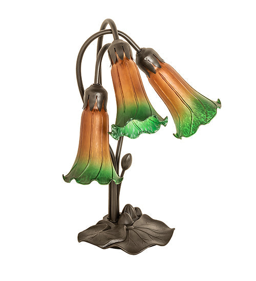 Meyda Lighting Tiffany Pond Lily 16" 3-Light Mahogany Bronze Accent Table Lamp With Amber & Green Shade Glass