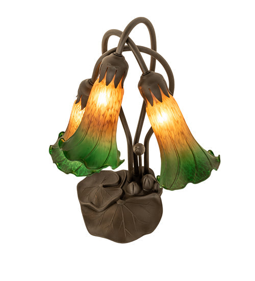 Meyda Lighting Tiffany Pond Lily 16" 3-Light Mahogany Bronze Accent Table Lamp With Amber & Green Shade Glass