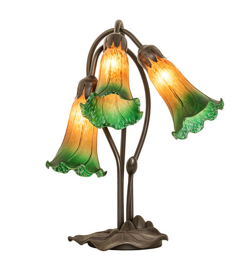 Meyda Lighting Tiffany Pond Lily 16" 3-Light Mahogany Bronze Accent Table Lamp With Amber & Green Shade Glass