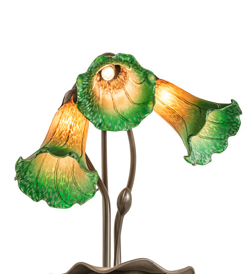 Meyda Lighting Tiffany Pond Lily 16" 3-Light Mahogany Bronze Accent Table Lamp With Amber & Green Shade Glass