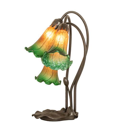 Meyda Lighting Tiffany Pond Lily 16" 3-Light Mahogany Bronze Accent Table Lamp With Amber & Green Shade Glass