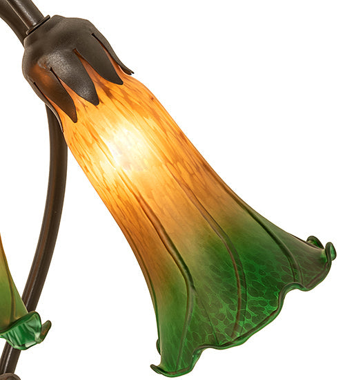 Meyda Lighting Tiffany Pond Lily 16" 3-Light Mahogany Bronze Accent Table Lamp With Amber & Green Shade Glass