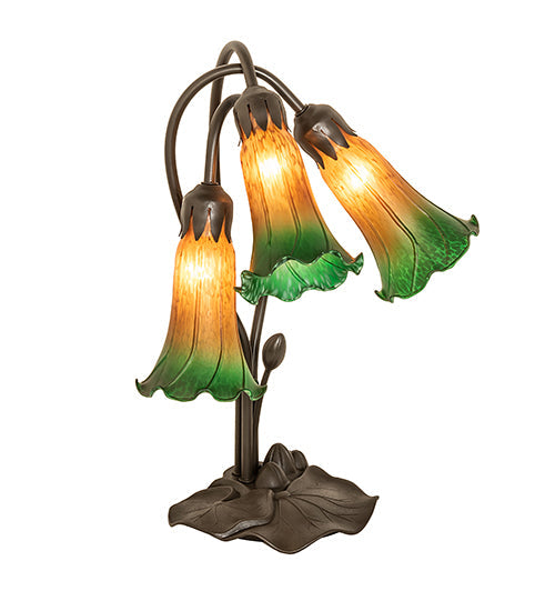 Meyda Lighting Tiffany Pond Lily 16" 3-Light Mahogany Bronze Accent Table Lamp With Amber & Green Shade Glass