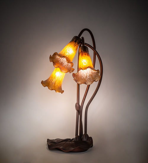 Meyda Lighting Tiffany Pond Lily 16" 3-Light Mahogany Bronze Accent Table Lamp With Amber Shade Glass
