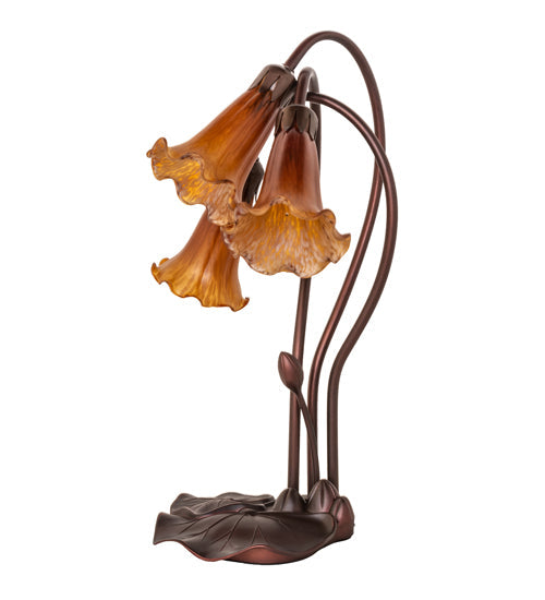 Meyda Lighting Tiffany Pond Lily 16" 3-Light Mahogany Bronze Accent Table Lamp With Amber Shade Glass