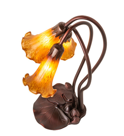 Meyda Lighting Tiffany Pond Lily 16" 3-Light Mahogany Bronze Accent Table Lamp With Amber Shade Glass