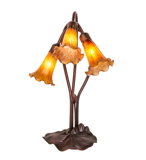 Meyda Lighting Tiffany Pond Lily 16" 3-Light Mahogany Bronze Accent Table Lamp With Amber Shade Glass