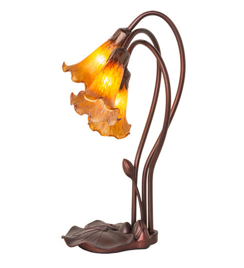 Meyda Lighting Tiffany Pond Lily 16" 3-Light Mahogany Bronze Accent Table Lamp With Amber Shade Glass
