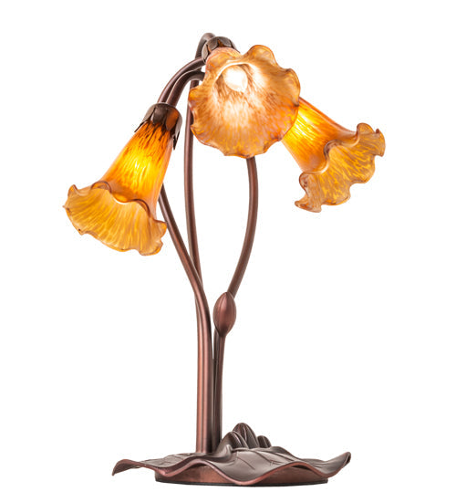 Meyda Lighting Tiffany Pond Lily 16" 3-Light Mahogany Bronze Accent Table Lamp With Amber Shade Glass