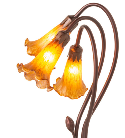Meyda Lighting Tiffany Pond Lily 16" 3-Light Mahogany Bronze Accent Table Lamp With Amber Shade Glass