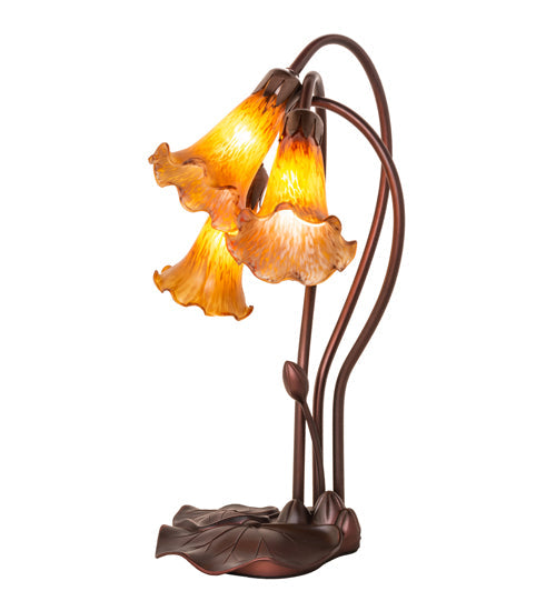 Meyda Lighting Tiffany Pond Lily 16" 3-Light Mahogany Bronze Accent Table Lamp With Amber Shade Glass