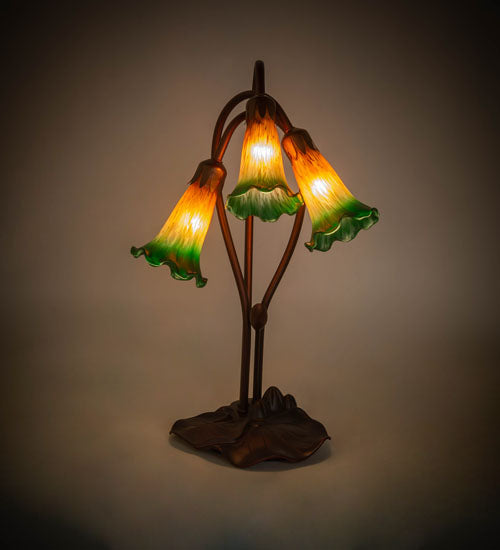 Meyda Lighting Tiffany Pond Lily 16" 3-Light Mahogany Bronze Accent Table Lamp With Amber and Green Shade Glass
