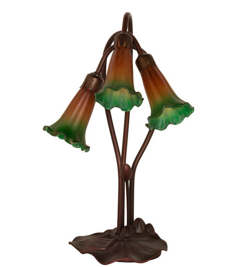 Meyda Lighting Tiffany Pond Lily 16" 3-Light Mahogany Bronze Accent Table Lamp With Amber and Green Shade Glass