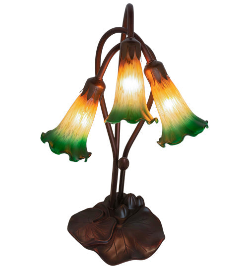 Meyda Lighting Tiffany Pond Lily 16" 3-Light Mahogany Bronze Accent Table Lamp With Amber and Green Shade Glass