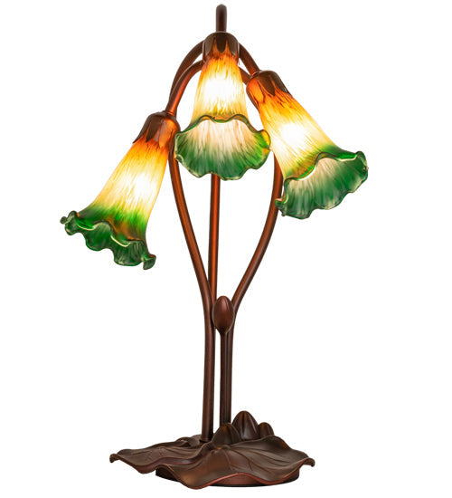 Meyda Lighting Tiffany Pond Lily 16" 3-Light Mahogany Bronze Accent Table Lamp With Amber and Green Shade Glass