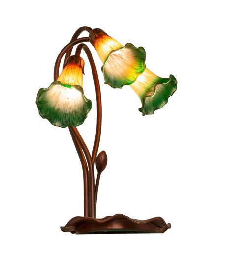Meyda Lighting Tiffany Pond Lily 16" 3-Light Mahogany Bronze Accent Table Lamp With Amber and Green Shade Glass