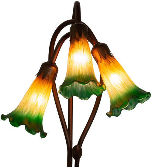 Meyda Lighting Tiffany Pond Lily 16" 3-Light Mahogany Bronze Accent Table Lamp With Amber and Green Shade Glass