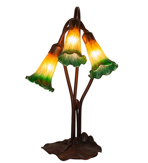 Meyda Lighting Tiffany Pond Lily 16" 3-Light Mahogany Bronze Accent Table Lamp With Amber and Green Shade Glass