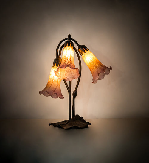 Meyda Lighting Tiffany Pond Lily 16" 3-Light Mahogany Bronze Accent Table Lamp With Amber and Purple Shade Glass