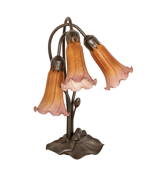 Meyda Lighting Tiffany Pond Lily 16" 3-Light Mahogany Bronze Accent Table Lamp With Amber and Purple Shade Glass
