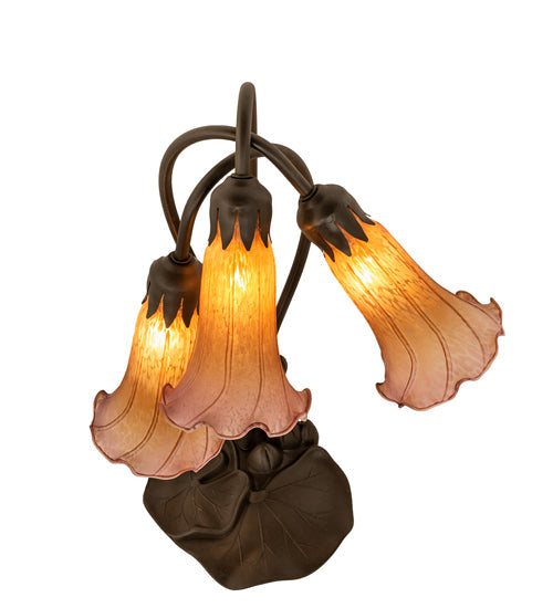Meyda Lighting Tiffany Pond Lily 16" 3-Light Mahogany Bronze Accent Table Lamp With Amber and Purple Shade Glass