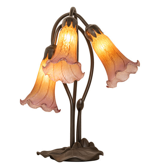 Meyda Lighting Tiffany Pond Lily 16" 3-Light Mahogany Bronze Accent Table Lamp With Amber and Purple Shade Glass