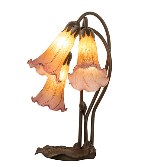 Meyda Lighting Tiffany Pond Lily 16" 3-Light Mahogany Bronze Accent Table Lamp With Amber and Purple Shade Glass