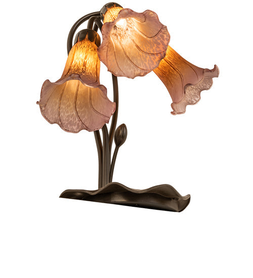 Meyda Lighting Tiffany Pond Lily 16" 3-Light Mahogany Bronze Accent Table Lamp With Amber and Purple Shade Glass